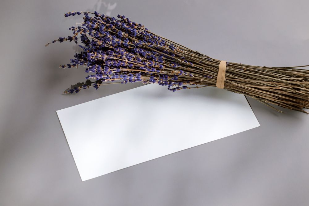 Bosje gedroogde lavendel naast een blanco wit kaartje op een lichte ondergrond.